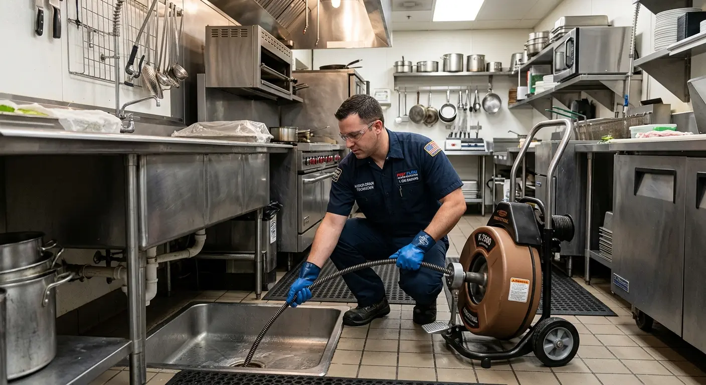 Commercial drain cleaning service in a restaurant kitchen in London Grove