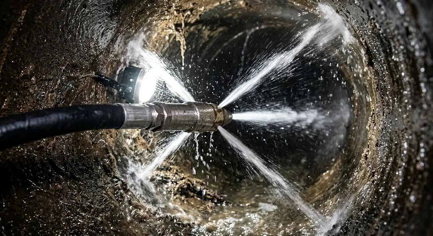 High-pressure hydro jetting nozzle cleaning sewer pipe for Sewer Cleanout in London Grove