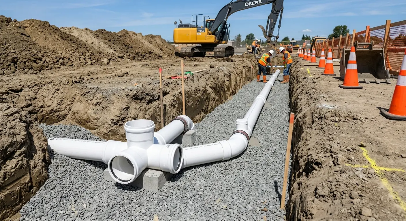 New PVC sewer pipe installation in open trench for Sewer Backup in London Grove